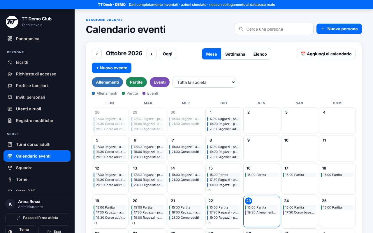 Calendario eventi della società in vista mensile